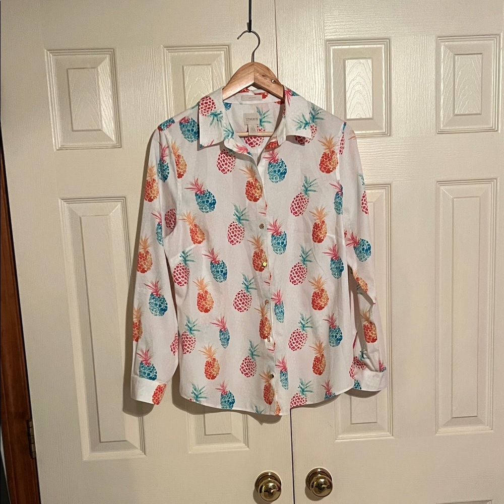 Chico's White Blouse with Colorful Pineapple Print